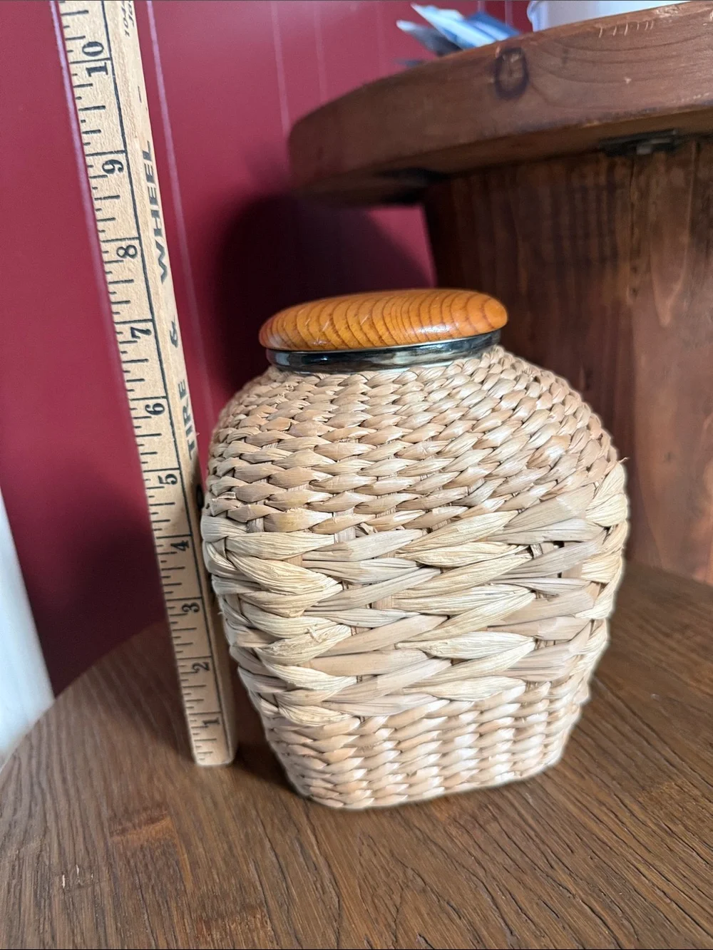 Small Glass Jar Woven Wicker Wrap with lid. Beautiful